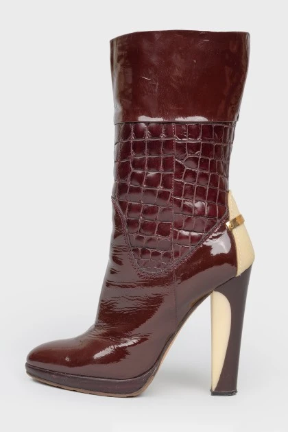 Burgundy patent leather heeled boots