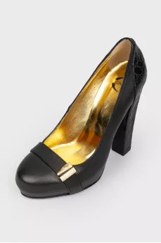 Crocodile-effect leather high-heeled pumps