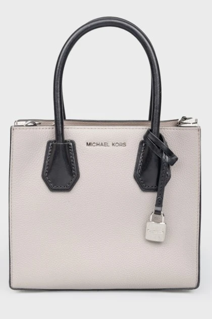 Gray leather bag with white inserts
