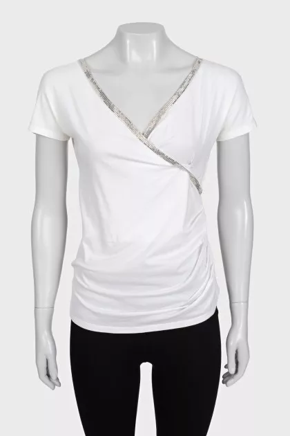 White embellished t-shirt with a cutout