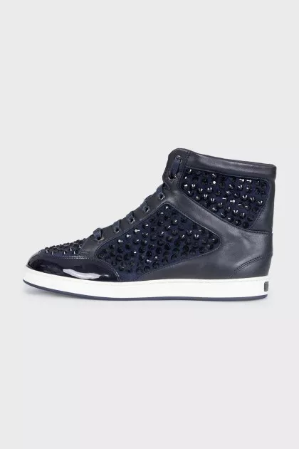 High-top leather sneakers decorated with crystals