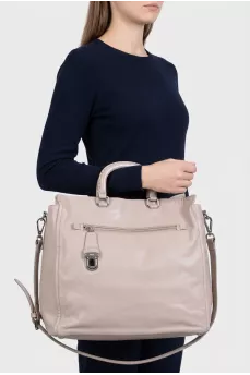 Gray leather tote with silver hardware