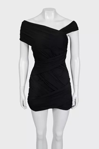 Black dress with gathers and open shoulders