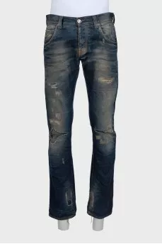 Men's dark blue distressed jeans