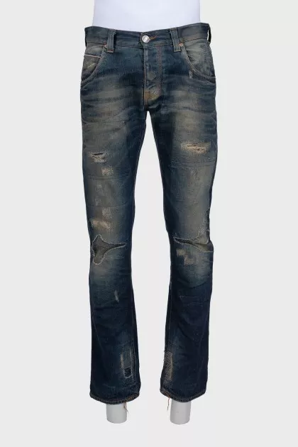 Men's dark blue distressed jeans