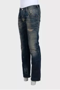 Men's dark blue distressed jeans