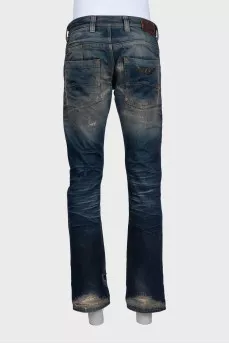 Men's dark blue distressed jeans