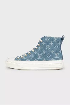 Denim high-top sneakers with leather toe caps