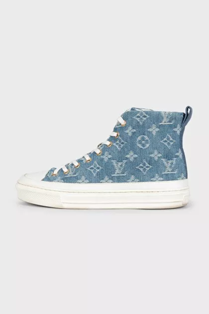 Denim high-top sneakers with leather toe caps
