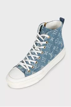 Denim high-top sneakers with leather toe caps