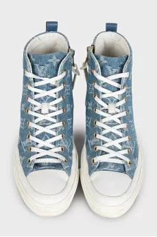 Denim high-top sneakers with leather toe caps