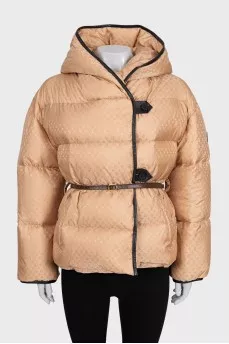 Beige down jacket with leather trim
