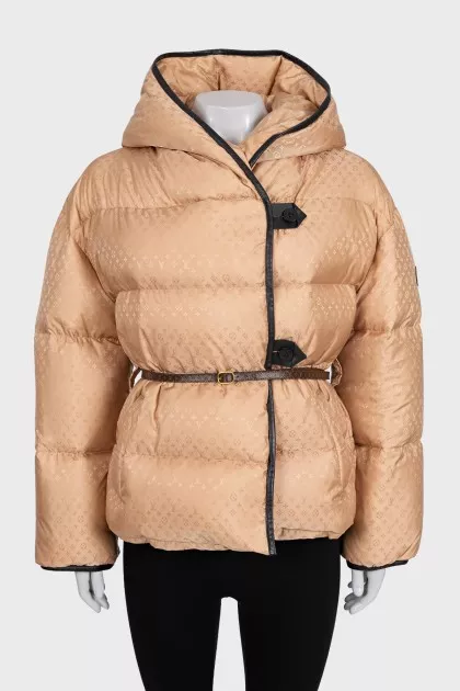 Beige down jacket with leather trim