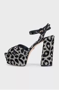 Silver textile sandals with a print
