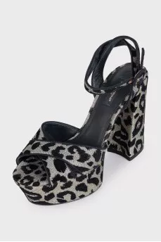 Silver textile sandals with a print