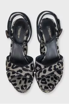 Silver textile sandals with a print