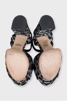 Silver textile sandals with a print