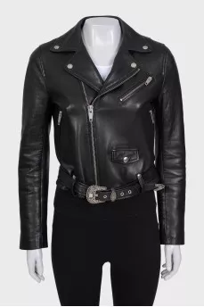Leather jacket with a silver oblique zipper