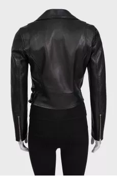 Leather jacket with a silver oblique zipper