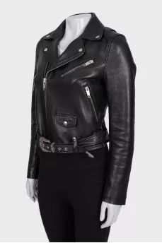 Leather jacket with a silver oblique zipper