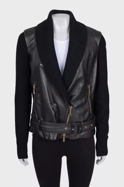 Leather jacket with textile sleeves