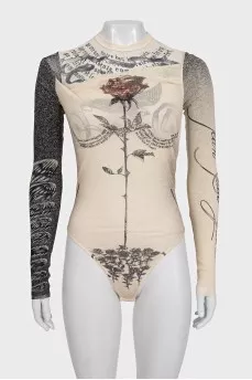 Beige printed bodysuit with an open back