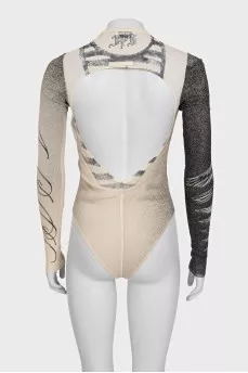 Beige printed bodysuit with an open back