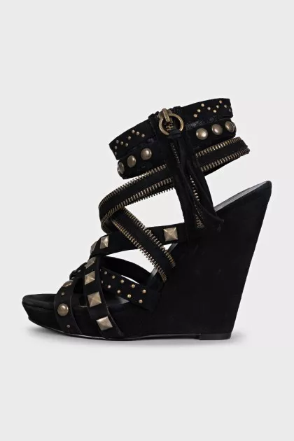 Suede wedge sandals with embellishments