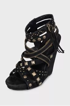 Suede wedge sandals with embellishments