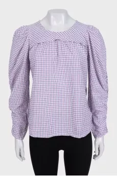 Plaid blouse with gathered sleeves