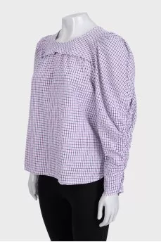 Plaid blouse with gathered sleeves
