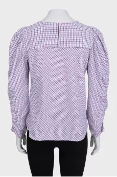 Plaid blouse with gathered sleeves