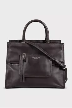 Brown leather tote with patch pocket