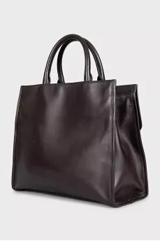 Brown leather tote with patch pocket