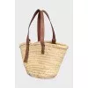Beige raffia bag with a 3D leather logo