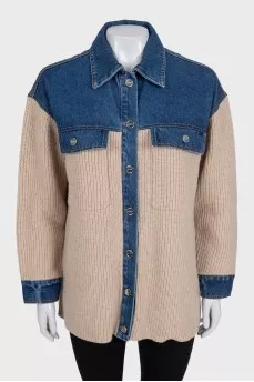 Wool cardigan with denim inserts