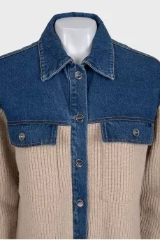 Wool cardigan with denim inserts