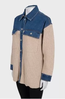 Wool cardigan with denim inserts