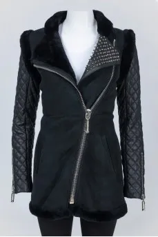 Suede sheepskin coat with leather sleeves