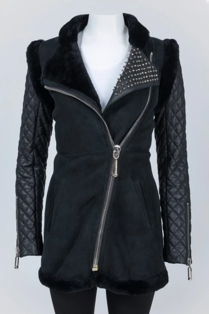 Suede sheepskin coat with leather sleeves
