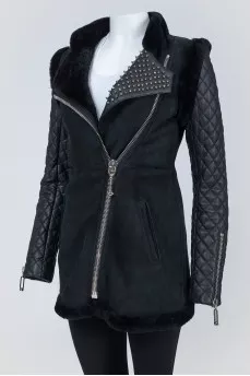 Suede sheepskin coat with leather sleeves