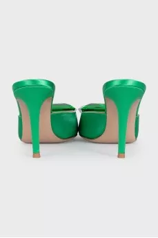 Textile mules with heels and tag