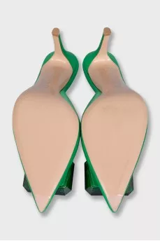 Textile mules with heels and tag