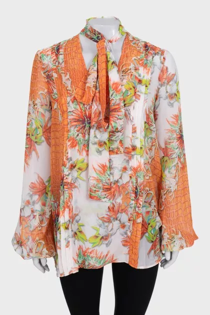 Loose floral print blouse with ties