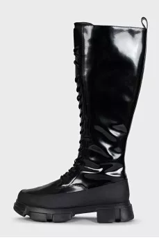 Black patent leather boots with zip and laces
