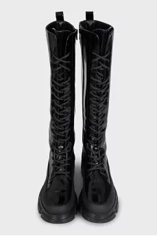 Black patent leather boots with zip and laces