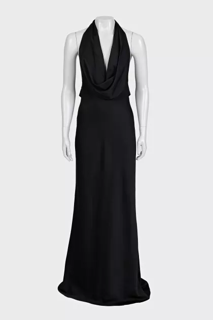 Black off-the-shoulder dress with a train
