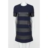 Navy blue wool dress with black eco-leather inserts