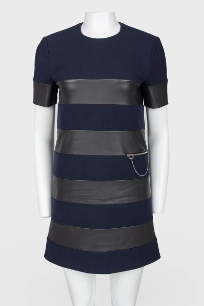 Navy blue wool dress with black eco-leather inserts