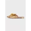 Beige mules with embroidery and pompom